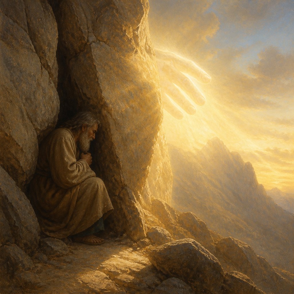 An elderly man with a beard sits in a rocky cave, looking contemplative as a large, glowing hand reaches down from the sky, casting light over the mountainous landscape.
